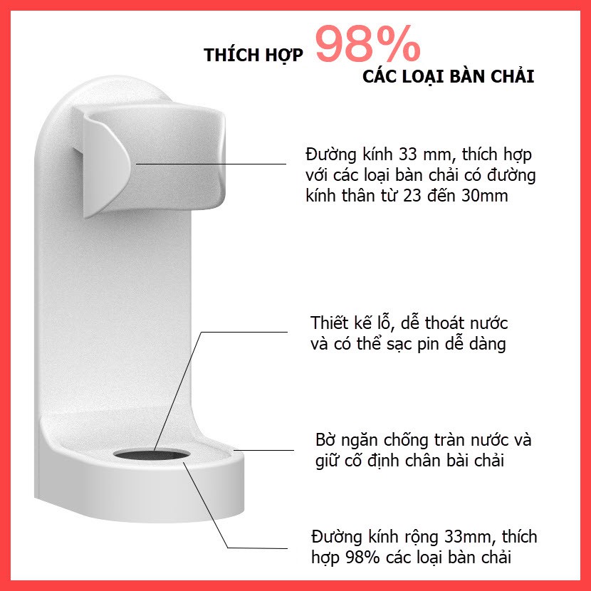 Giá treo bàn chải điện gắn tường tiện dụng, dễ lắp đặt thích hợp với 98% bàn chải đánh răng điện