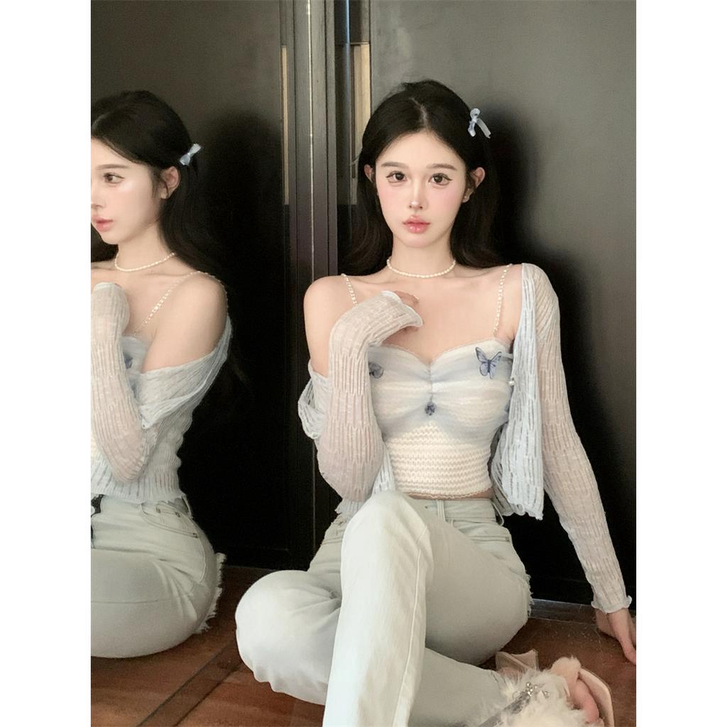 Qkoole Áo Lưới cardigan Hai Dây Tay Dài In Hình Bướm Thời Trang Dành Cho Nữ