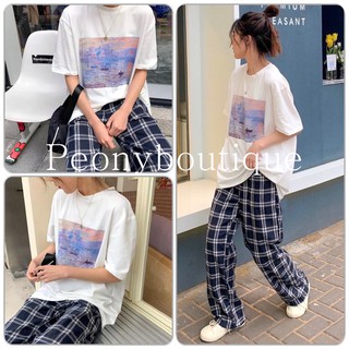 Set Culottes Tranh Sơn Mài PEONYB Nữ [FREESHIP] 🌸 Bộ quần suông kẻ áo thun tay lỡ form rộng, phông oversize Ulzzang HOT🌸