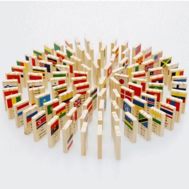 Đômino gỗ 100 thanh in quốc kỳ các nước kèm Tiếng Anh và Tiếng Trung