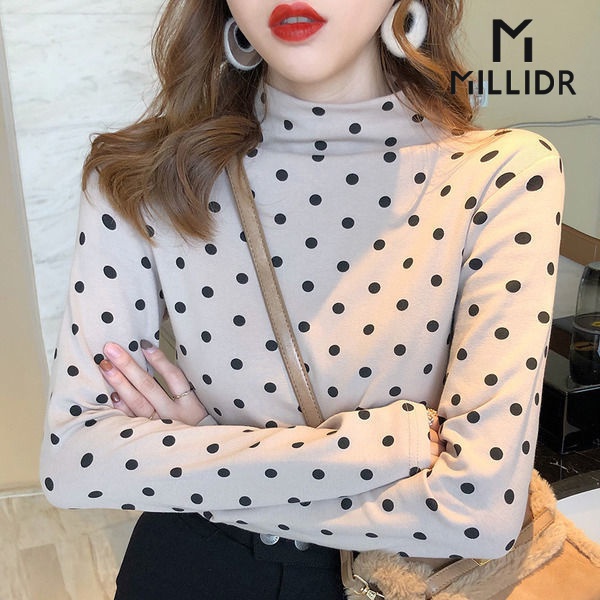 Áo Thun 95 Cotton Tay Dài Cổ Cao Hoạ Tiết Chấm Bi Phong Cách Phương Tây Dành Cho Nữ 2021