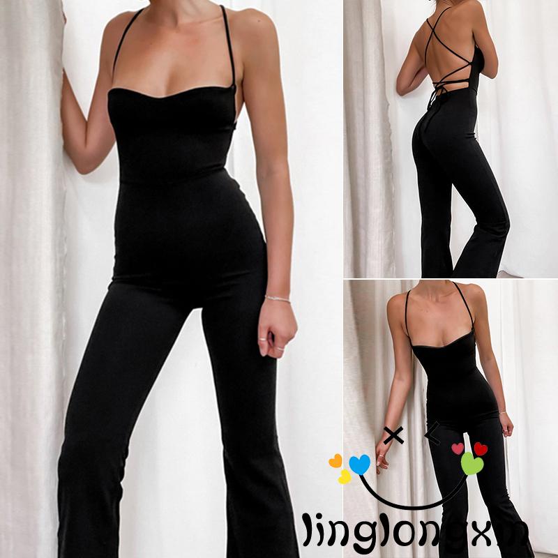 Áo liền quần 2 Dây Không Tay Hở Lưng Màu Đen Trơn Thời Trang Cho Nữ