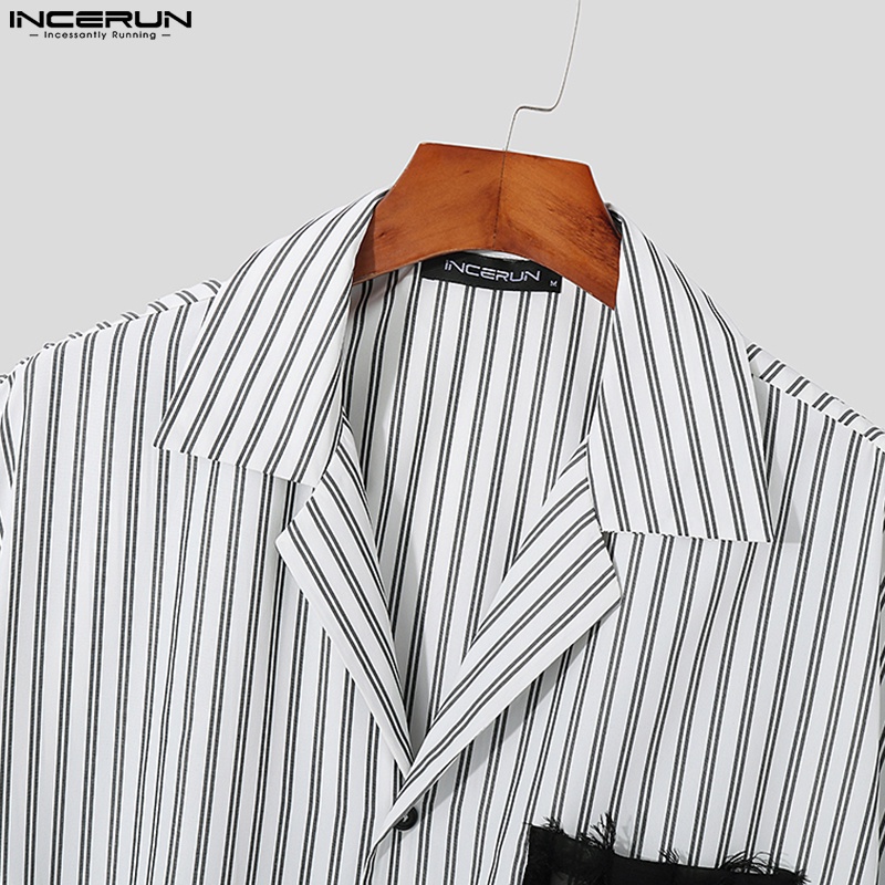 Áo sơ mi INCERUN ngắn tay dáng rộng gài nút kẻ sọc thời trang cho nam
