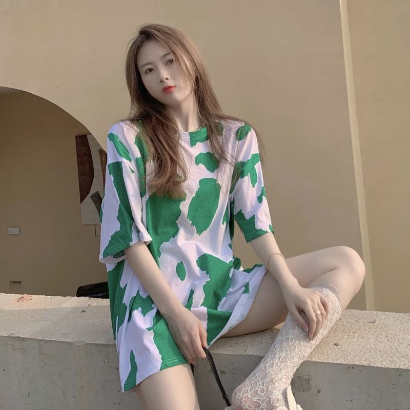 Áo Thun Ngắn Tay In Họa Tiết Bò Sữa Xinh Xắn Thời Trang Cho Nữ