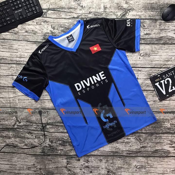 Áo game thi đấu Esports thun ngắn tay nam - Mẫu DIVINE 2020 màu xanh đen, dáng suông NEW new