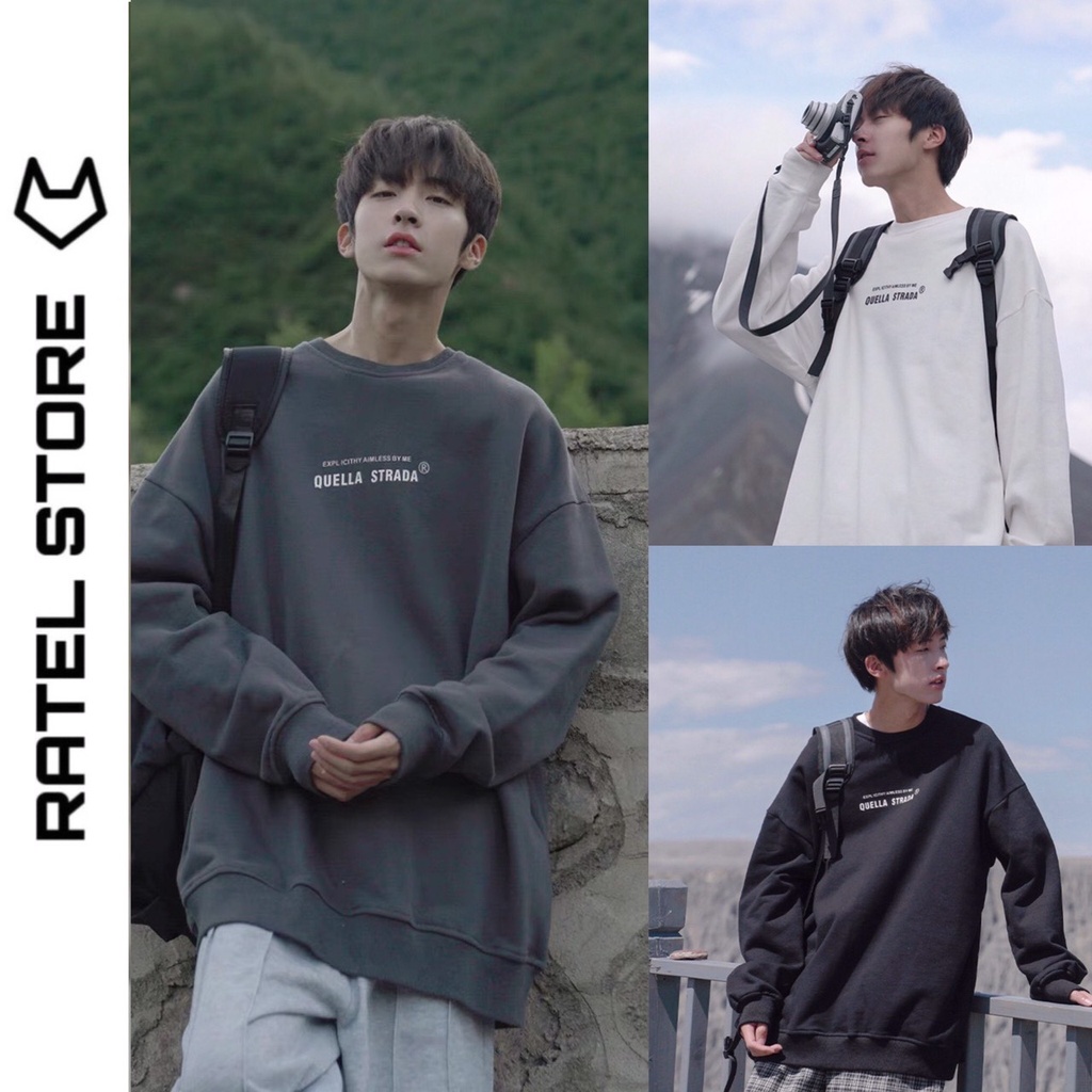 Áo nỉ sweater đen trắng in chữ Quella Strada, Áo hoodie nam nữ form rộng