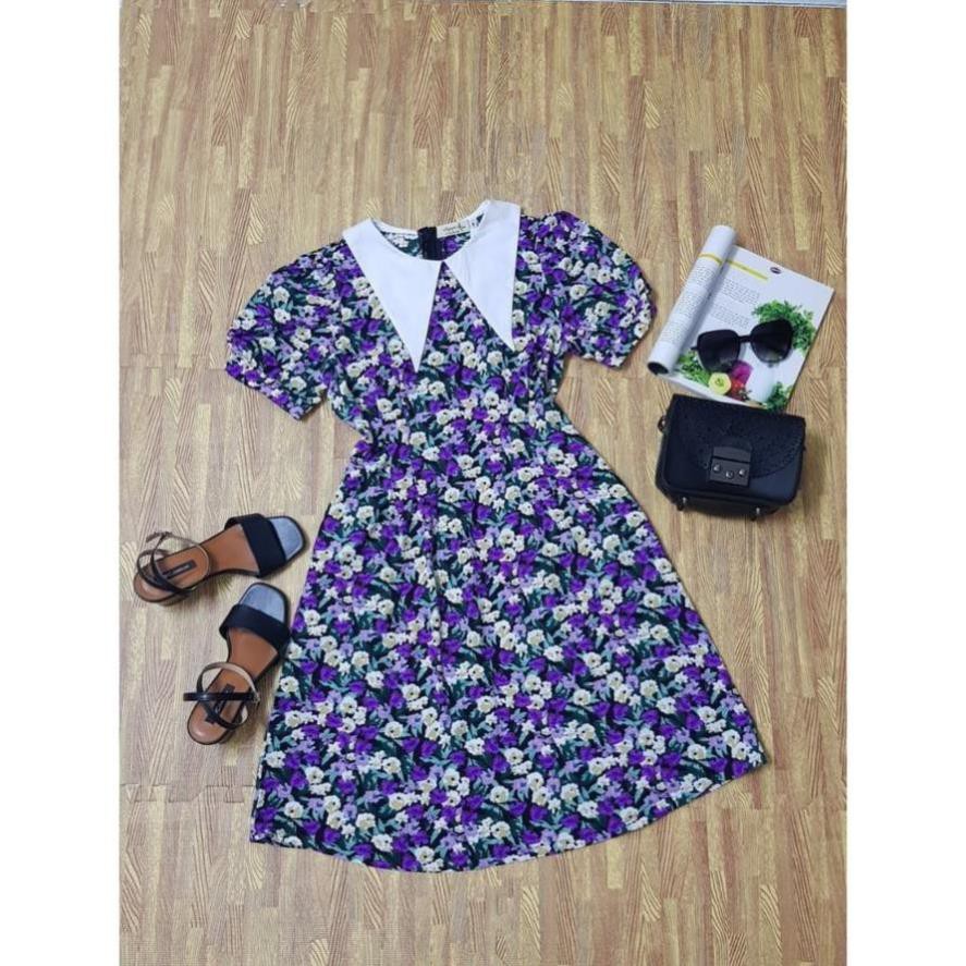 Váy Công Sở Nữ, Đầm Suông Hoa Nhí Phối Cổ Trắng Tay Phồng Chiết Pen Eo Tôn Dáng Trẻ Trung Xinh Đẹp. | BigBuy360 - bigbuy360.vn