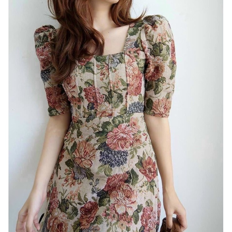 Đầm hoa thổ cẩm tay lỡ cổ vuông vintage 🔔KÈM ẢNH THẬT🔔