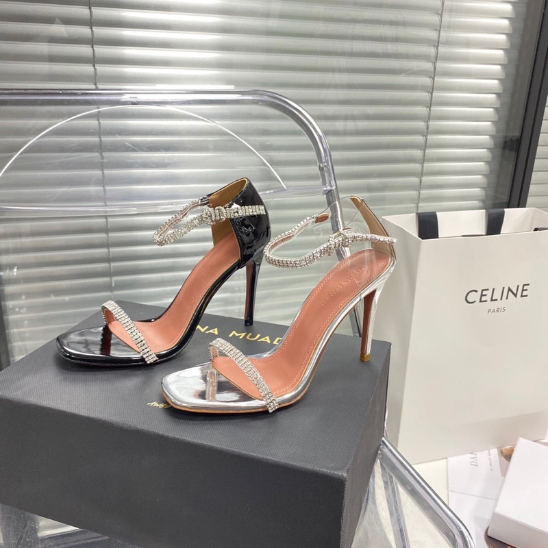Sandal cao gót 8p quai nhỏ đính đá thương hiệu Amina Muaddi da thật cao cấp