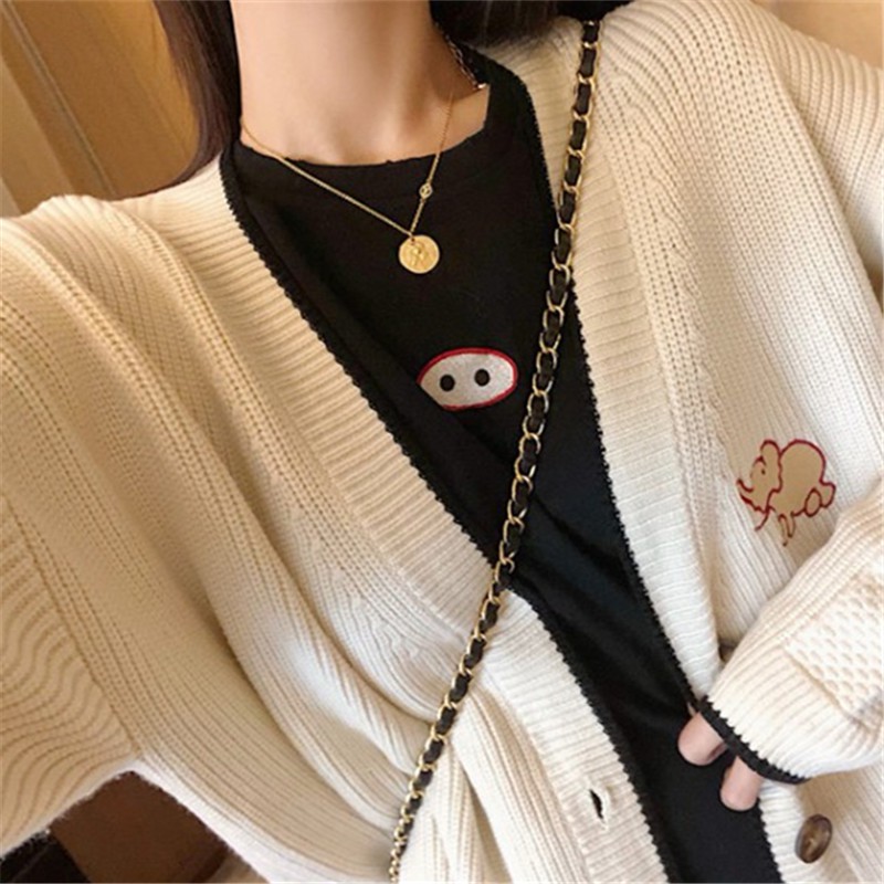 Áo khoác len nữ tay dài có cúc áo cổ chữ V logo hình voi kiểu dáng hàn quốc ulzzang