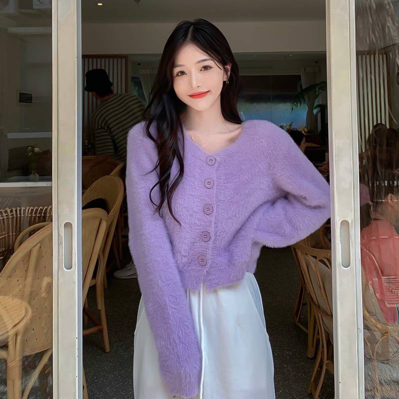 🌻 áo croptop tay dài áo cadigan  áo len kiểu nữ  Áo Khoác Len Cardigan Mềm Dáng Rộng Ngắn Màu Hồng Thời Trang Thu Đông 2021
