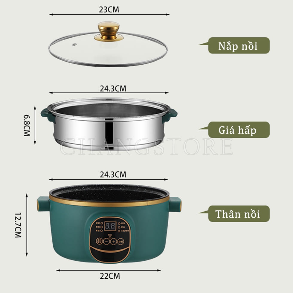 Nồi Lẩu Điện Đa Năng Chống Dính Vân Đá Electric Cooker Pot Shanban 24cm Kèm Hấp Inox