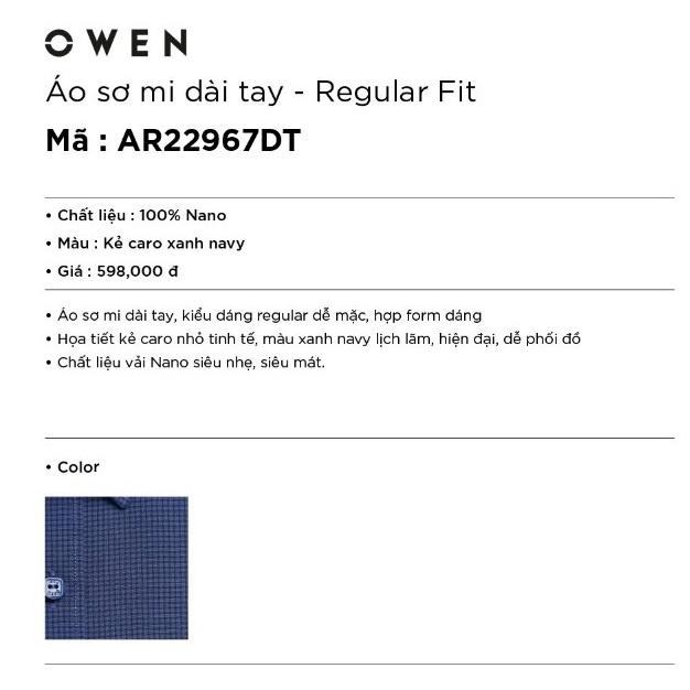 Áo Sơ Mi Nam Dài Tay Owen AR22967DT Somi Công Sở Cao Cấp Màu Kẻ Caro Xanh Navy Dáng Suông Có Túi Vải Nano Mềm Mát