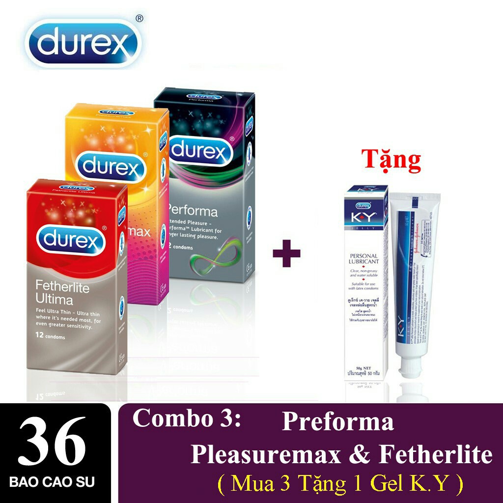 Combo 3 hộp Bao cao su Durex gân gai + TẶNG 1 Gel KY khởi động siêu trơn