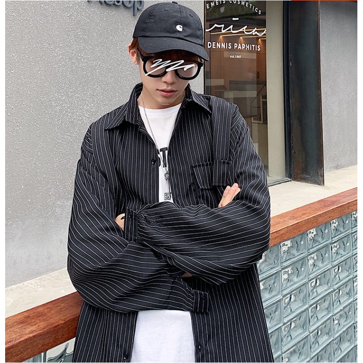 Áo sơ mi tay dài nam nữ form rộng kiểu sơ mi cổ bẻ unisex Hàn Quốc chất vải lụa Áo sơ mi oversize sọc kẻ học sinh đi học
