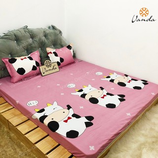 Bộ chăn hè Cotton Poly VN ga gối , drap giường họa tiết bò sữa hồng