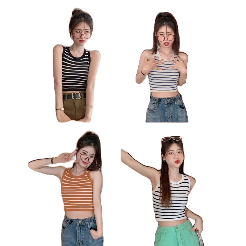 Áo sát nách nữ Quảng Châu len dệt kim kẻ ngang cổ yếm croptop freesize MS735