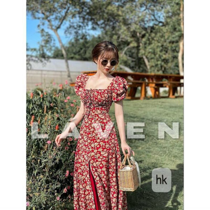 Đầm nữ họa nhí maxi đi biển dạo phố cà phê tay phồng cổ vuông, rút ngực, dưới xoè rộng xẻ tà màu đỏ Sophy Beauty Store