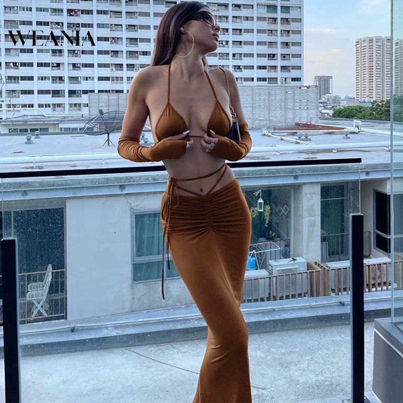 Bộ 3 Sản Phẩm Áo Crop Top + Chân Váy Xếp Li Lưng Thấp Gợi Cảm