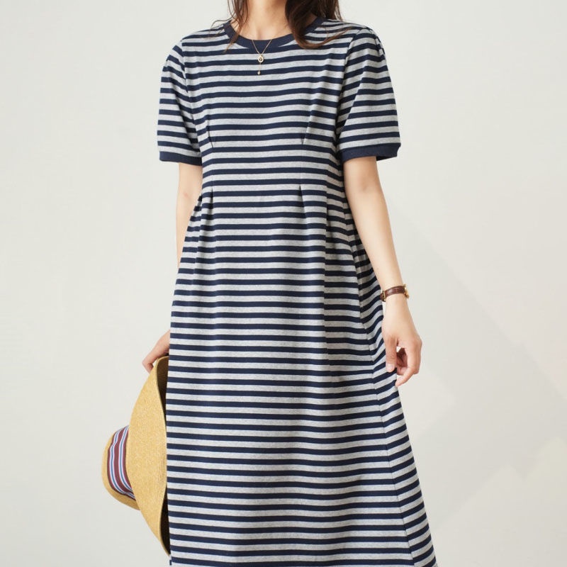 Đầm Thun Cotton Dáng Chữ a Dài Qua Gối Ôm Eo Họa Tiết Kẻ Sọc Màu Trơn Dễ Phối Đồ Cho Nữ