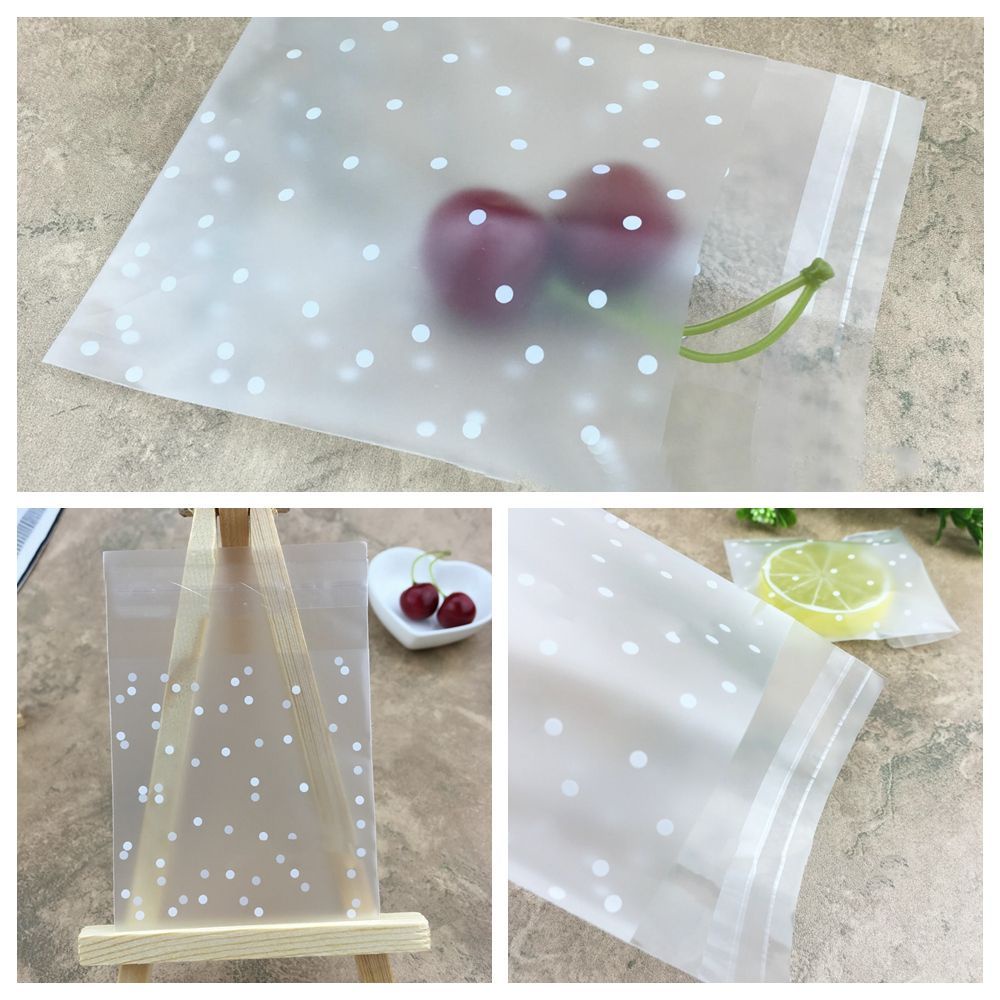 Set 100 Túi Nhựa Opp Đựng Bánh Kẹo Có Keo Dán Họa Tiết Chấm Bi Trắng Mới