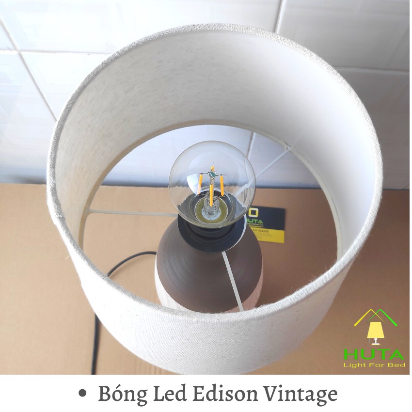 Đèn Ngủ Để Bàn Vân Gỗ Vintage, Thân Gốm Sứ, Điều Chỉnh Độ Sáng, Chao Vải, Led Ánh Sáng Vàng, Decor Phòng Ngủ, HUTA S11