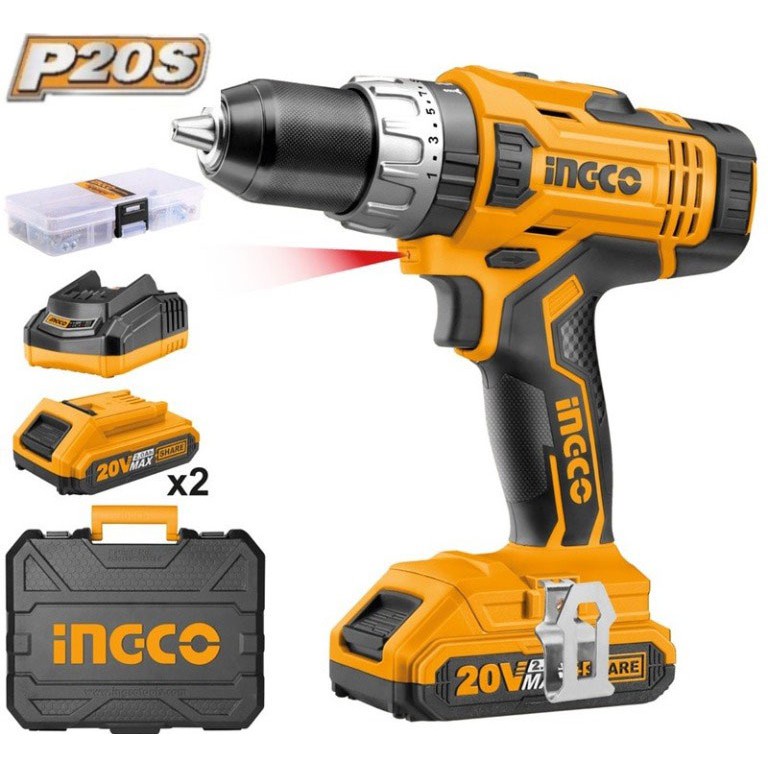 Máy khoan búa bắn vít dùng pin sạc 20V INGCO CIDLI20031 Động Cơ Chổi Than Tặng kèm 3 mũi khoan 2 mũi vít Cr V 50mm