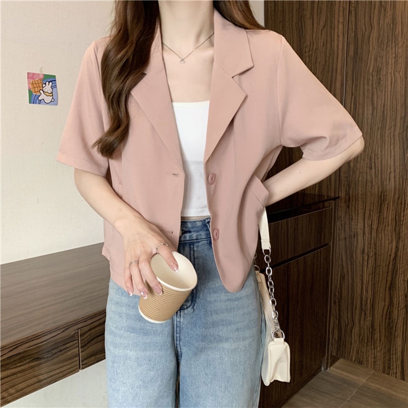 Áo khoác blazer XINLANYASHE ngắn mỏng dáng rộng tay ngắn đơn giản cho nữ