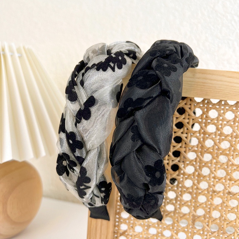 Băng đô bản rộng Haimeikang vải nhung phối lưới họa tiết hoa thời trang retro cao cấp