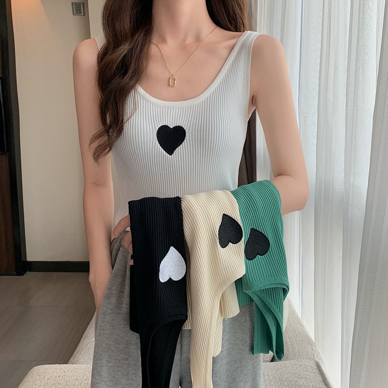 Áo không tay ZHELIHANGFEI dệt kim thêu họa tiết trái tim hở lưng xinh xắn