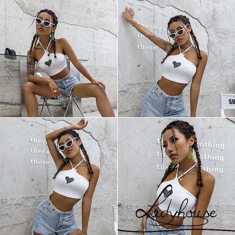 LDD-Women Fashion Tank Tops Heart Print Tie-Up Halter Vest Summer Casual Backless Exposed Navel Crop Tops