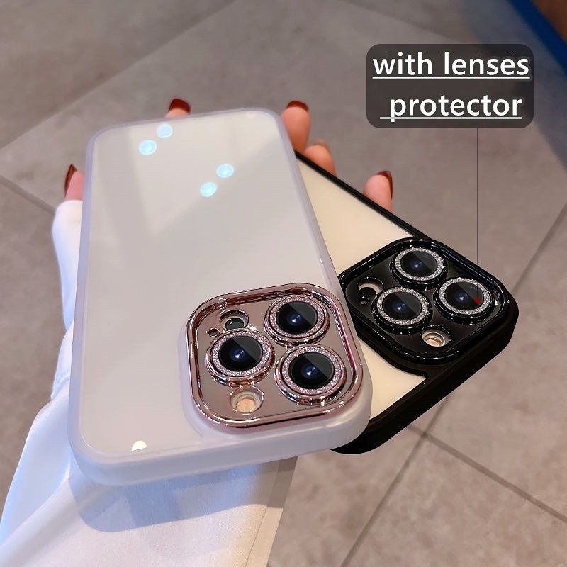 Ốp Điện Thoại Cứng Trong Suốt Đính Đá Lấp Lánh Sang Trọng Kèm Miếng Bảo Vệ Camera Cho iPhone 13 12 11 pro Max i12 i11 i13 pro