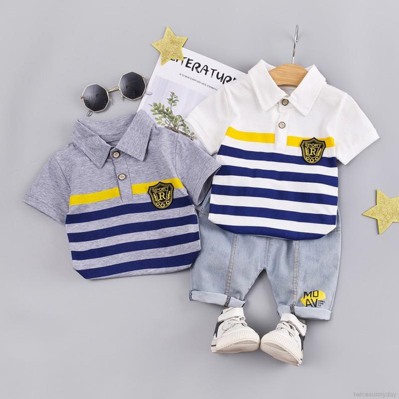 Set áo thun sọc ngang + Quần short jeans cho bé trai