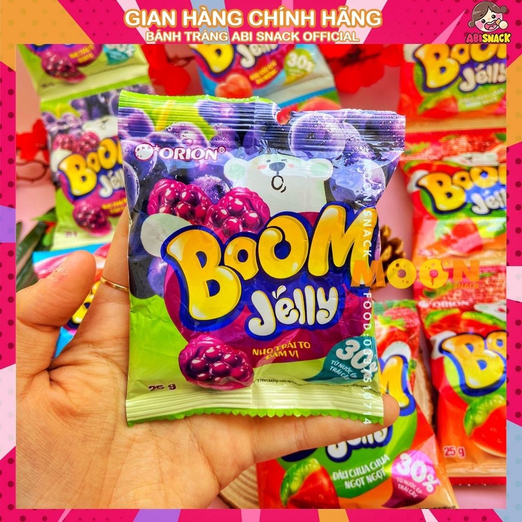Kẹo Dẻo Boom Jelly Orion Từ Nước Ép Trái Cây Thật Ngất Ngây Đào/Dâu/Nho gói 25g