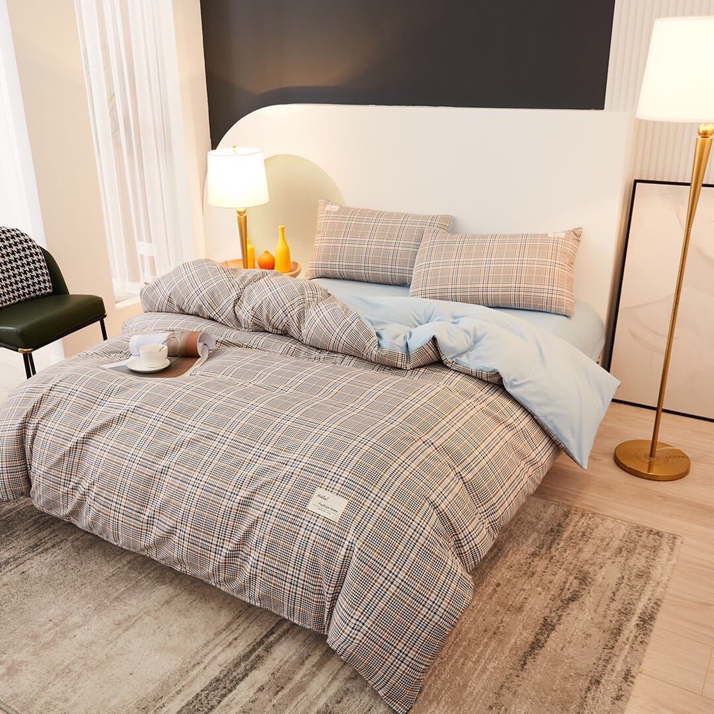 Bộ cotton Tici - Kẻ phối chăn ga (Cotton đũi cao cấp)