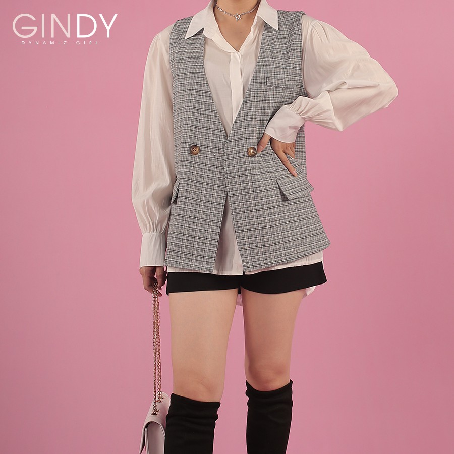 Set áo GINDY sơ mi tay bồng cách điệu mix áo vest kaki không tay #8