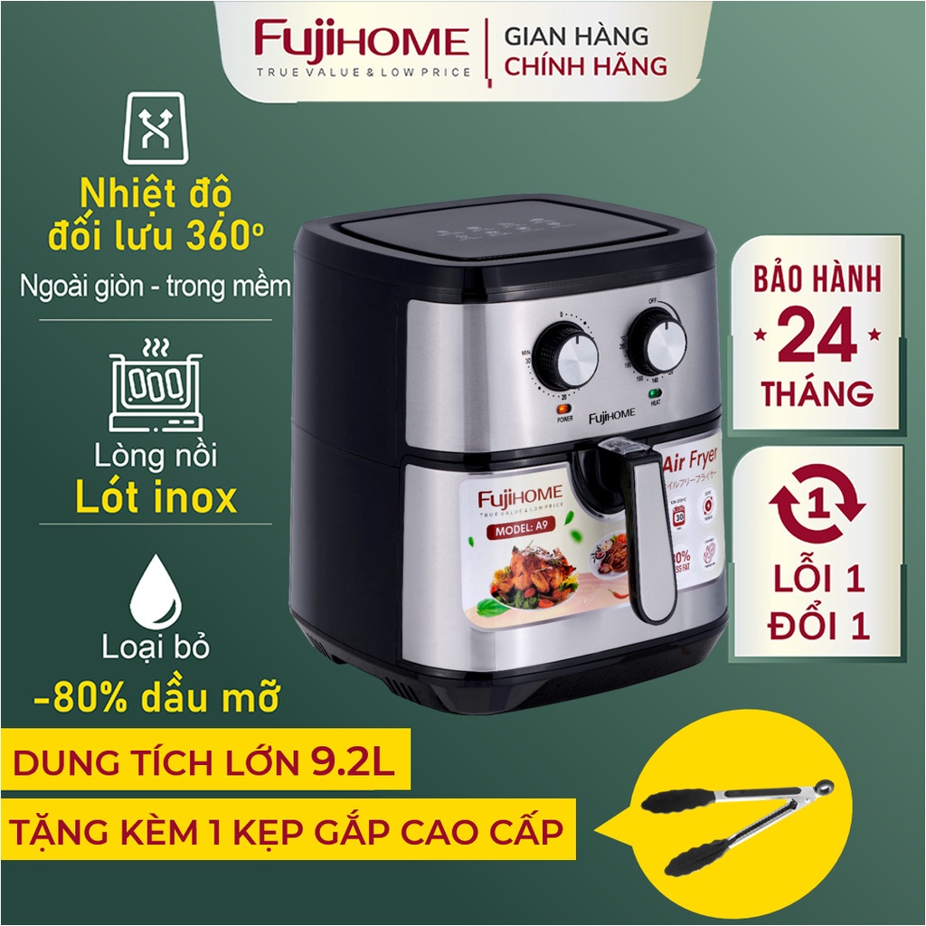 Nồi chiên không dầu 9.2L Nhập Khẩu Nhật Bản FUJIHOME tự ngắt tặng kèm gắp, Nồi chiên không khí cơ không hơi nước 9 lít