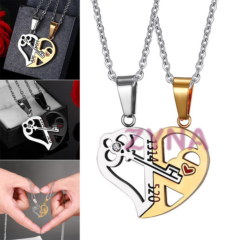 His and Hers Stainless Steel Love Heart Puzzle Pendant Couple Necklaces 1 Pair