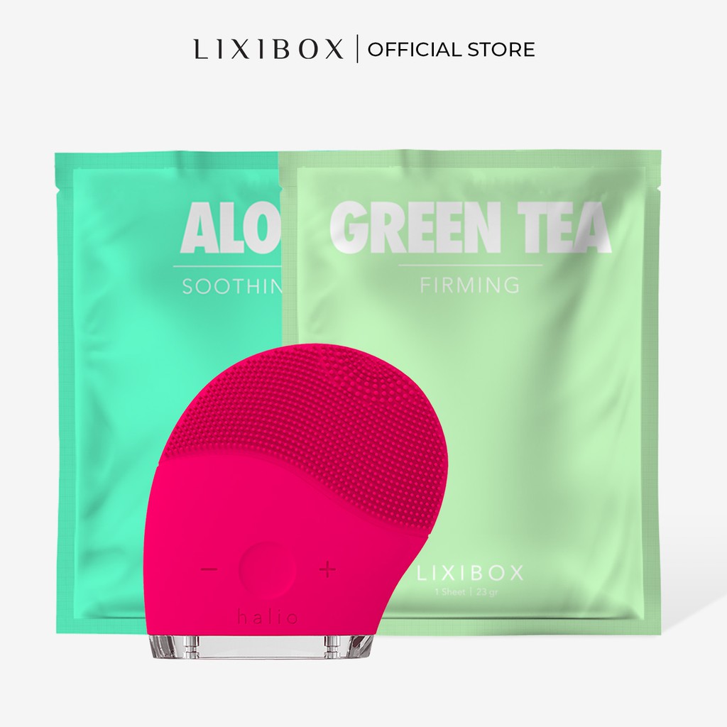 [Mã FMCGMALL -8% đơn 250K] Combo Máy Rửa Mặt Và Mát Xa Da Mặt Halio, 2 Mặt nạ Lixibox - Aloe và Green Tea