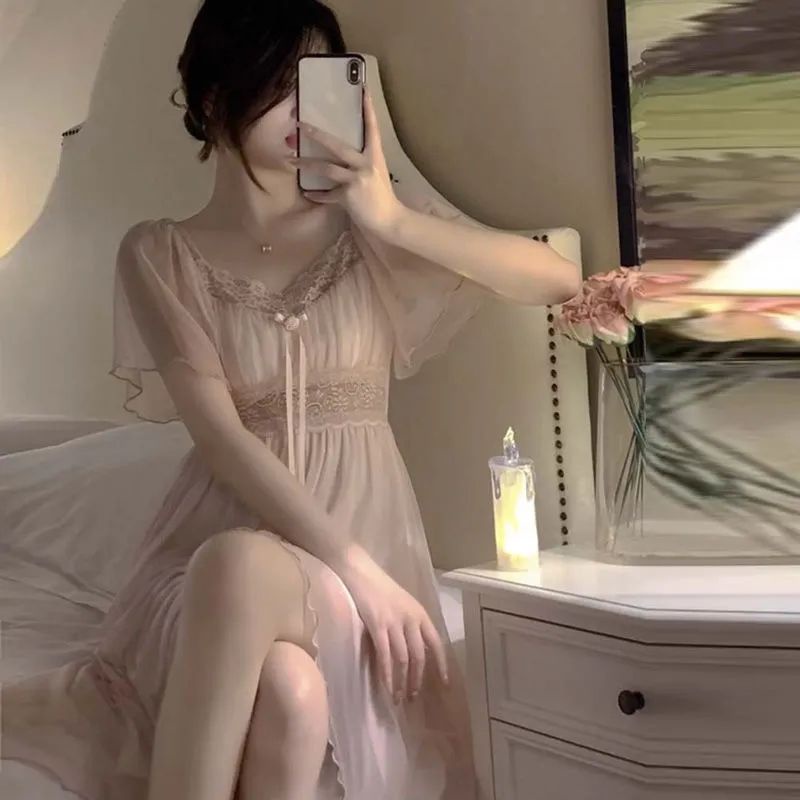 Đầm Ngủ Mùa Hè 2022 Dáng Công Chúa Tay Cộc Phối Ren Lưới Dễ Thương Gợi Cảm Phong Cách Ngọt Ngào Cho