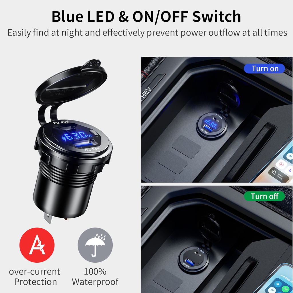 Cục Sạc Nhanh 45W PD Type-C QC3.0 USB 12 / 24V Có Công Tắc Vôn Kế Bằng Kim Loại Cho Xe Hơi / Xe Tải / Xe