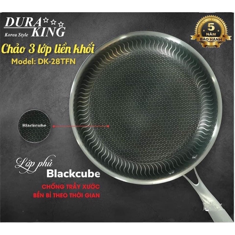 Chảo Black Cube Duraking size 28-30 kèm vung kính. Dùng được bếp từ