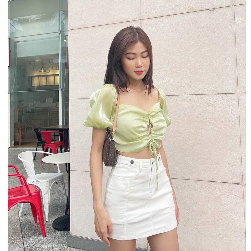 Áo croptop HEYBEE kiểu thắt dây, tay phồng, chất vải Organza mềm mát (2 màu) - JODIE TOP HT685