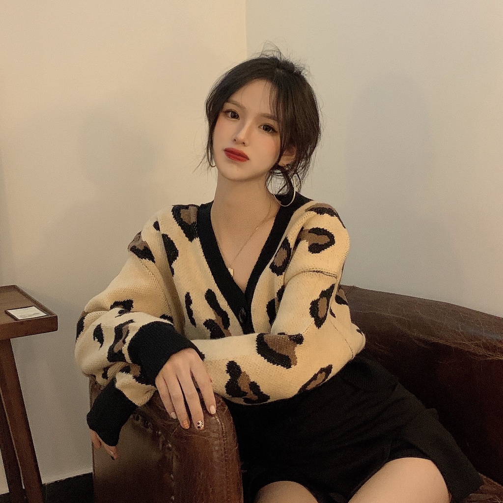 Áo Khoác Cardigan Dệt Kim Tay Dài Cổ Chữ V Họa Tiết Da Báo Thời Trang Thu Đông Cho Nữ