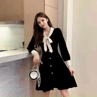 Đầm váy len dáng xoè cổ nơ lông (hàng QC)