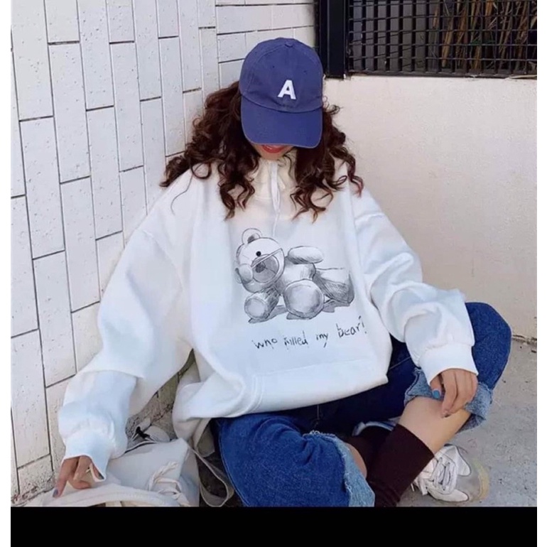 Áo Hoodie Nỉ Lót Bông In Gấu Nằm Unisex (Ảnh,Video thật/Hàng sẵn)