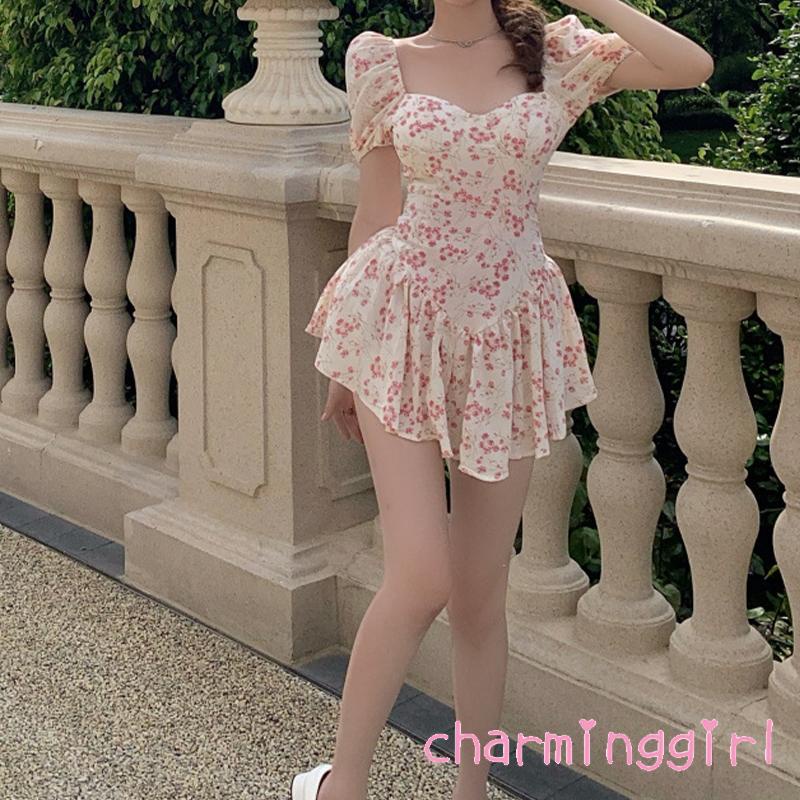 Đầm Ngắn Tay Phồng Cổ Vuông In Họa Tiết Hoa Thanh Lịch Phong Cách Pháp Thời Trang Mùa Hè Cho Nữ