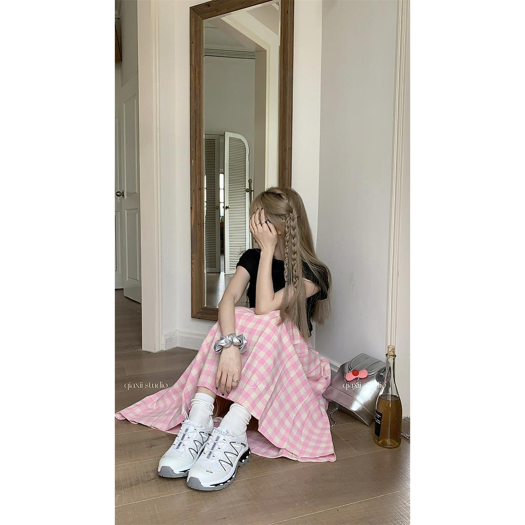 Xiaozhainv Chân Váy Dài Dáng Chữ A Lưng Cao Họa Tiết Sọc Caro Phong Cách Hàn Quốc