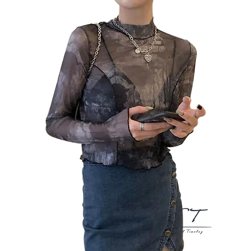 Áo Crop Top Tay Dài Phối Lưới Xuyên Thấu In Họa Tiết Trừu Tượng Thời Trang Cho Nữ