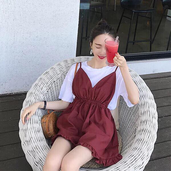 🌺SIÊU XINH🌺 Set quần sooc yếm đỏ + áo thun trắng (Sỉ từ 5sp bất kỳ) | BigBuy360 - bigbuy360.vn